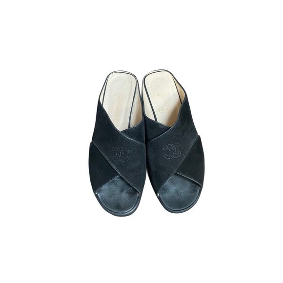 Chanel Women's Black Suede & Leather Slip-On Sandals-LT3005 - Picture 6 of 9